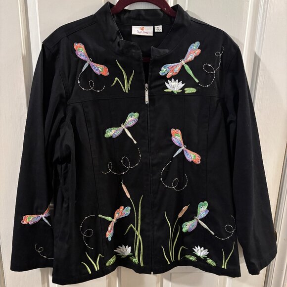 Quaker Factory Women's Black Dragonfly/Floral Embroidered Jacket ~ XL ~ NWOT - Picture 1 of 6